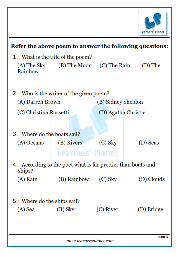 The rainbow-Reading poem worksheet with MCQs